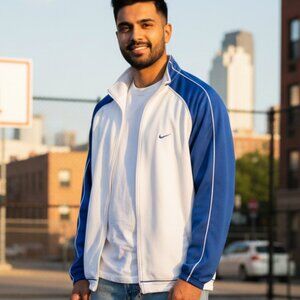 Vintage Nike Dry-FIT Track Jacket XL Color Block White Blue Zip Warm Up Y2K